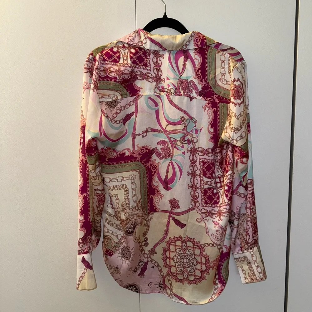 Fashion Nova Spending Spree Satin Button Down Blouse | Pink/Combo - Picture 6 of 6